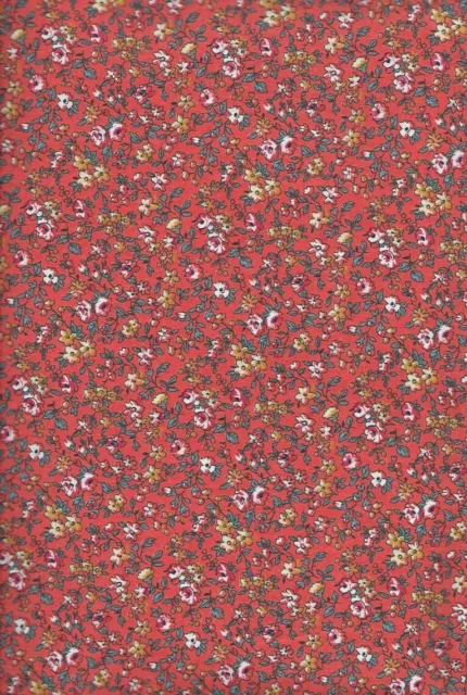 Coupon tissu motifs liberty fleurs rouge corail  coton patchwork