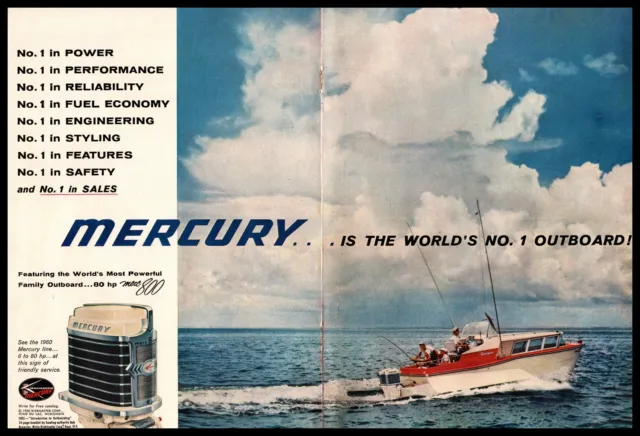 1960 Mercury 80 HP Merc 800 Boat Motor "World's No. 1 Outboard" 2-Page Print Ad