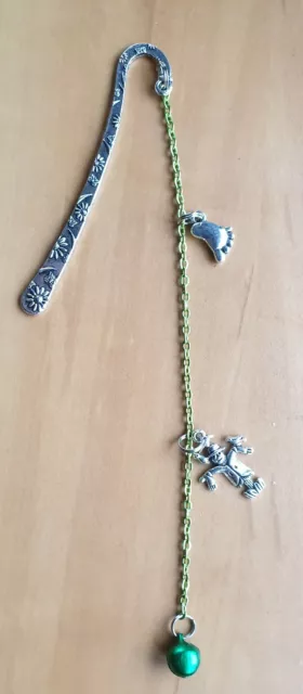 New Antique Silver Metal Bookmark with Green Bell and Chain, and Pretty Charms