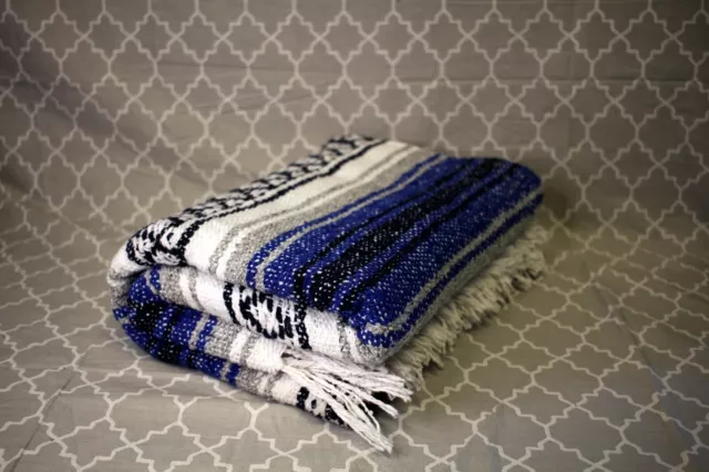 NEW! HN Authentic Mexican Blankets - Hand Woven Blanket - Dark Blue Grey