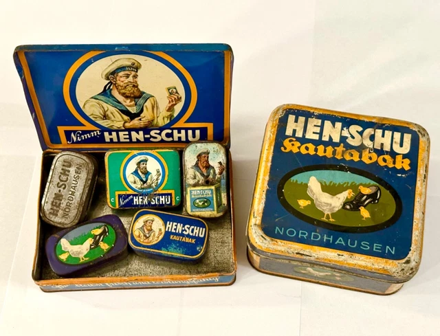 7x Kautabak Henschu Konvolut Blechdose blau Priem Nordhausen Kautabakdose