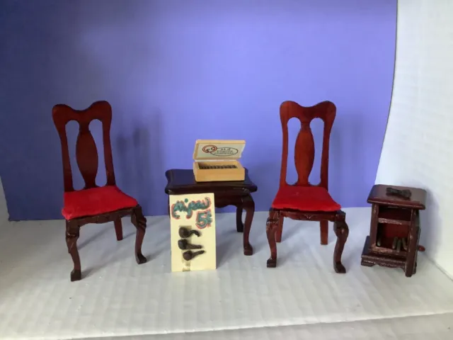 Vintage Wooden Dollhouse Miniature Cigar Table Humidor Chairs 1:12