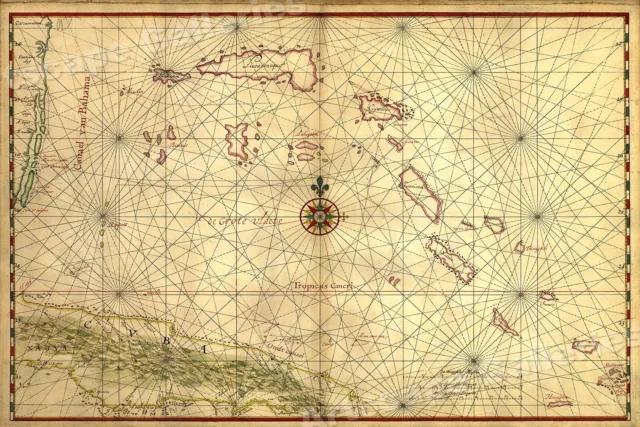 Cuba 1650 Map of the Caribbean Ocean Bahamas - 16x24
