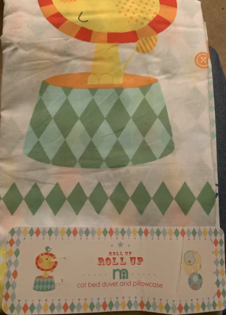 NEW Toddler Cot Bed Duvet Set Roll Up Circus Cover And Pillowcase Mothercare