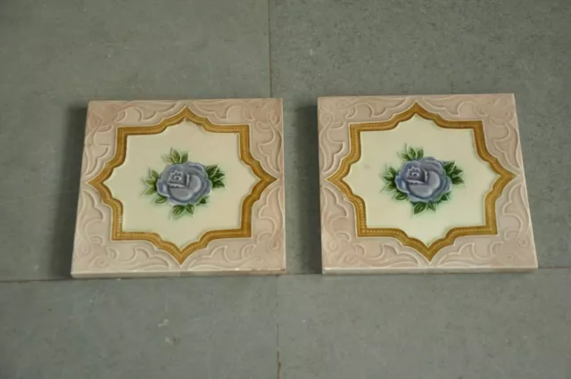 2 Pc Vintage Star & Flower Embossed Art Nouveau Architecture Tiles,Japan 3