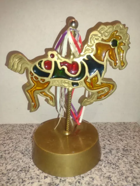 Musical Horse Carousel on Brass Base. Music Figurine, Stained Glass. Enesco.