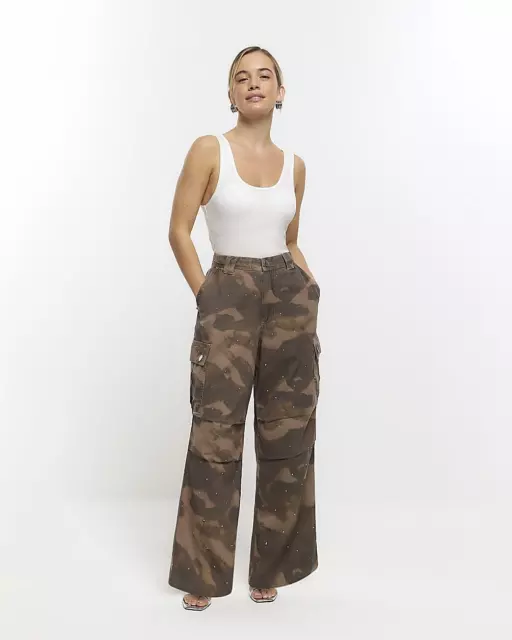 River Island Womens Khaki Twill Cargo Trousers 16 Petite