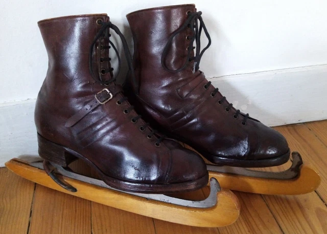 40's ⛸️ SUPERBES PATINS A GLACE ANCIENS ❄️ Bottines Chaussures Ice Skates Ski