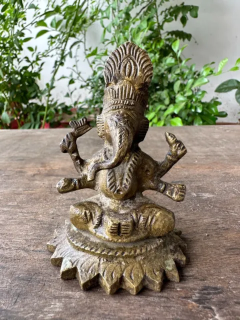 1850's Old Antique Brass Beautiful Carved Hindu God Vishnu Statue Rich Patina