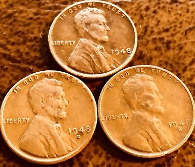 1948 P 1948 D 1948 S Lincoln Wheat Penny Set 95% Copper
