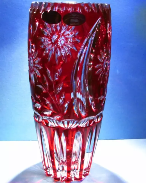 SCHONBORNER Red Crystal Vase Hand Cut to Clear Overlay Cased Glass Germany