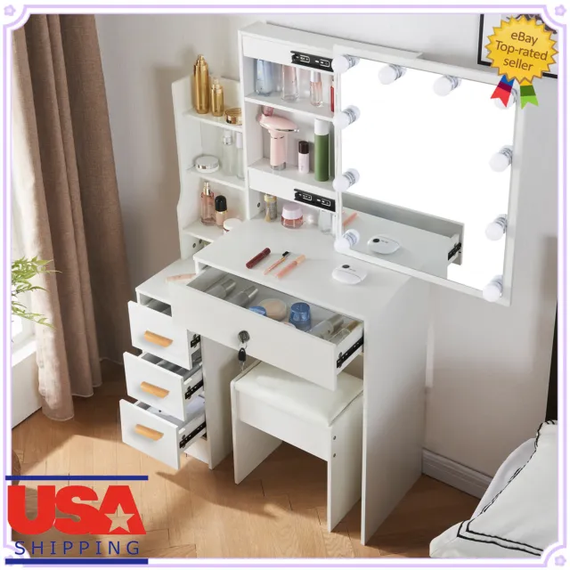 White Makeup Vanity Table Set with USB Port Lighted Mirror Storage Dresser Stool