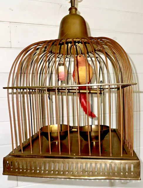 Antique Brass Victorian Birdcage with 2 Feeding Bowls, Perch, Birds & Hanger