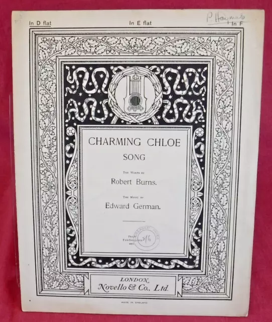 CHARMING CHLOE Song Robert Burns/Edward German Vintage Piano Sheet Music in Db