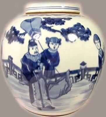 Antique Porcelain Blue + White Ming Style Vase Lid Park Kite Flying 19thC China