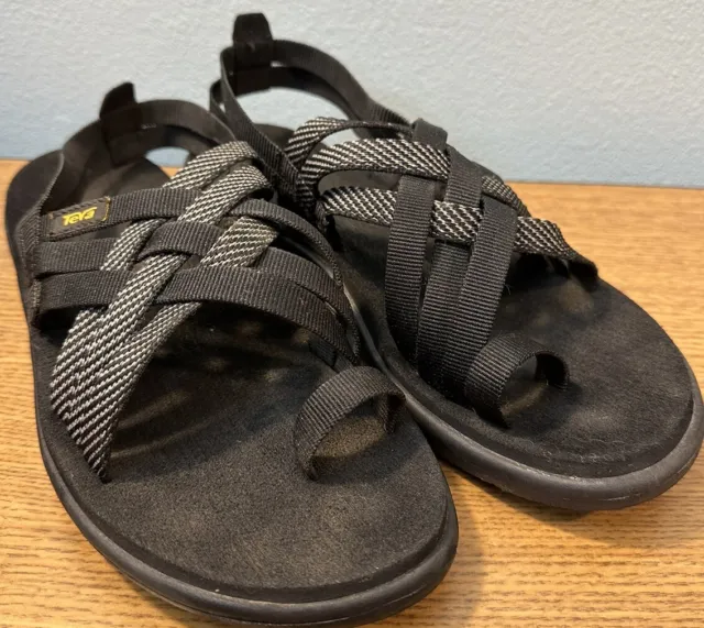 Teva Womens Size 9 Black Gray  Thin Strappy Toe  Sandals Sling Back Ankle Strap