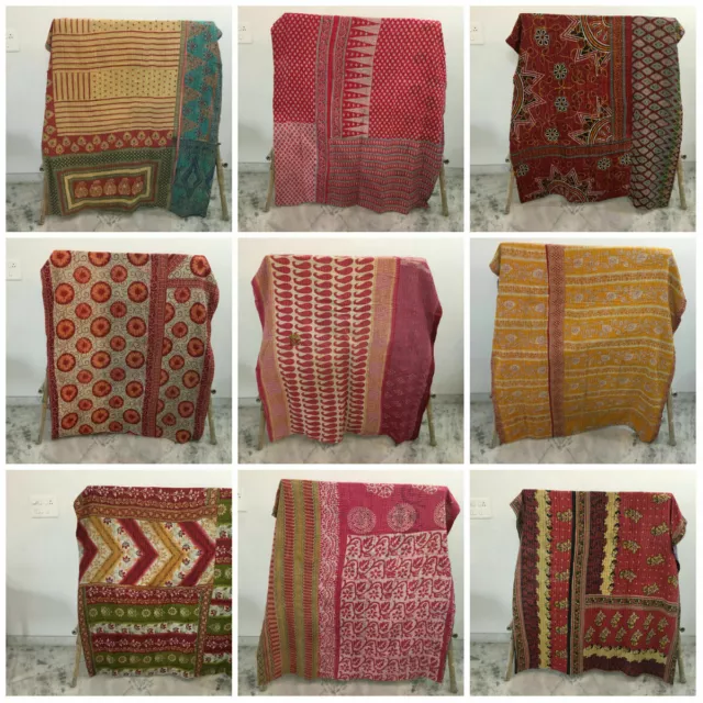 Vintage Reversible Throw Ralli Indian Kantha Quilt Blanket Boho Gudari Bedding