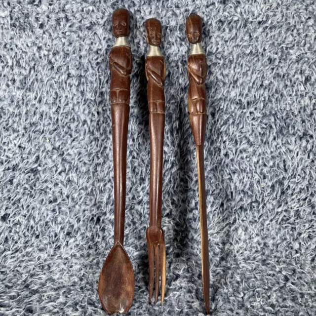 African Wooden Hand Carved Figures Fork Spoon Knife Utensils