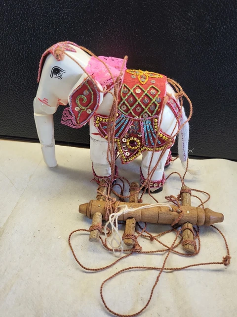 Elephant Green Saddle Burmese Wood Marionette String Puppet Asian Folk Art Toy