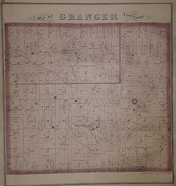 OLD ANTIQUE 1874 Plat Map GRANGER Township, MEDINA County, OHIO