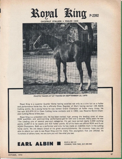Magazine Ad - 1970 - Earl Albin Horse Farm, Comanche, TX - ROYAL KING