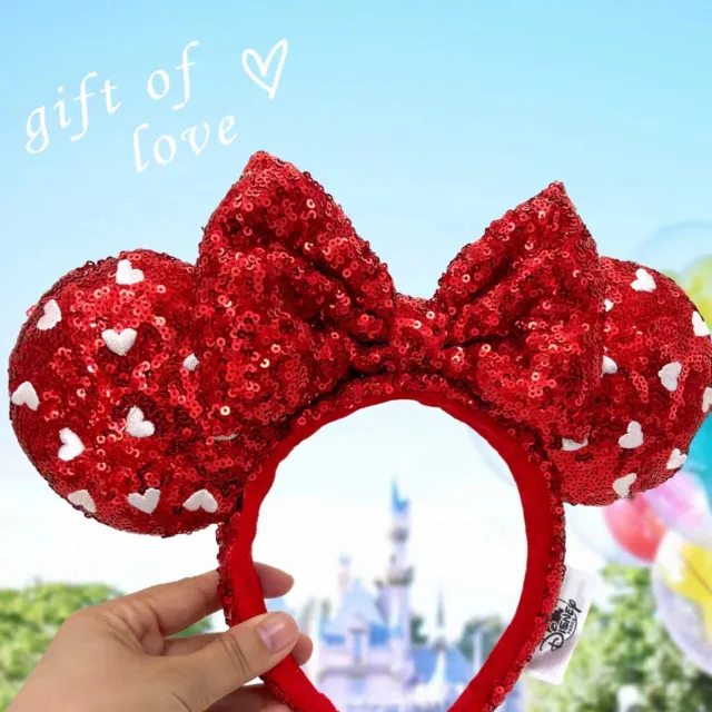 Mickey Mouse Red Heart Sequin Bow Girl Minnie Ears Disney Parks Headband 2022