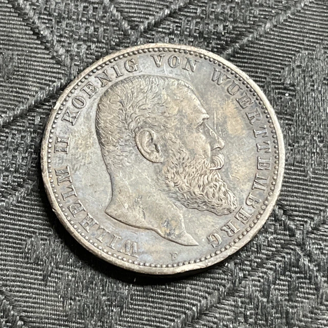 1907 F GERMAN STATES Wurttemberg Kingdom Koenig Von Wilhelm II Silver 5 mark