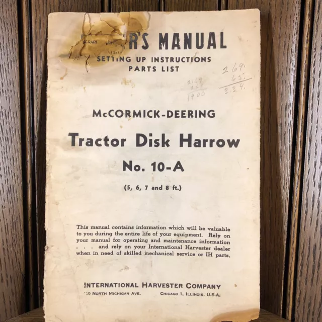 McCormick-Deering Tractor Disk Harrow No. 10-A - Owner's Manual Book -Parts List