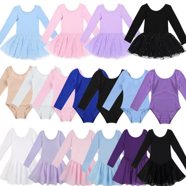 Girls Kids Ballet Dance Dress Gymnastic Leotard Long Sleeve Tutu Skirt Dancewear