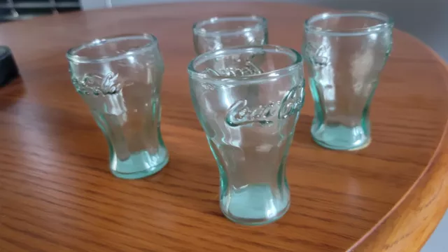 NEW Set Of 4 Vintage Green Glass Coca Cola Coke Glasses 3" Mini Shot Juice