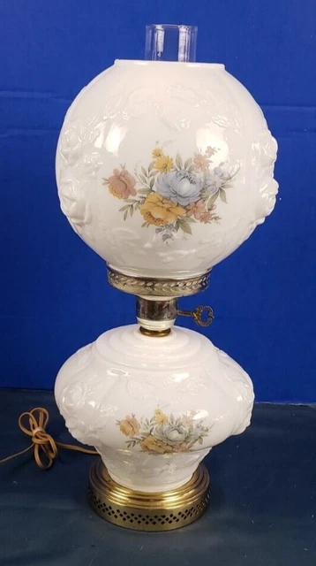 Vintage Phoenix Hurricane Milk Glass Parlor Table Lamp GWTW Daisies