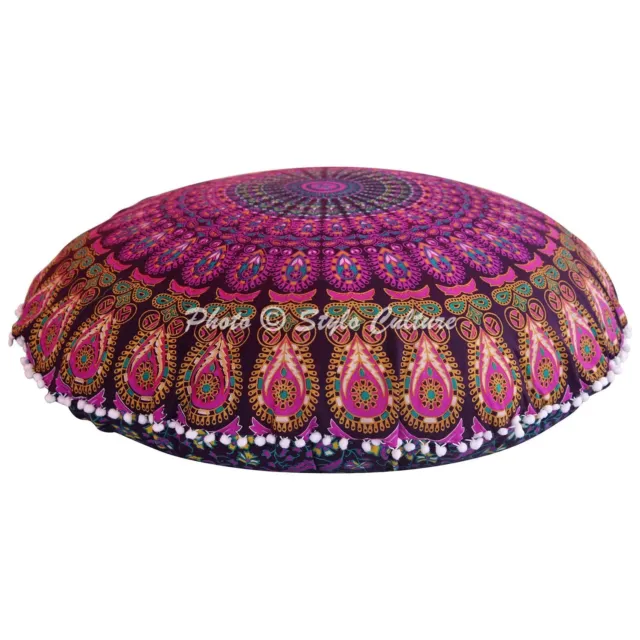 Purple Mandala Peacock Floor Pillows Ottoman Round Floor Cushion Cover