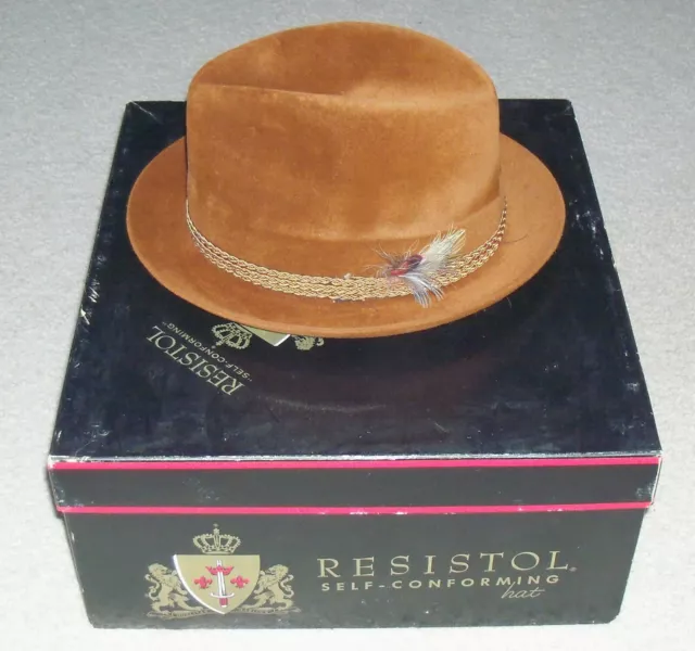 Vintage 60s RESISTOL Self Conforming COGNAC FEDORA HAT & BOX & FEATHER 7 1/8