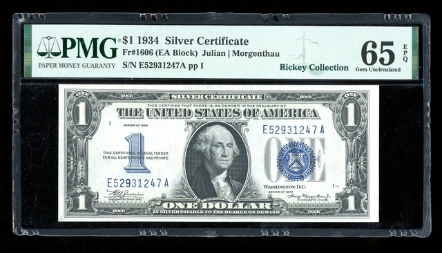 DBR 1934 $1 Silver Funnyback Gem Fr. 1606 EA Block PMG 65 EPQ Serial E52931247A