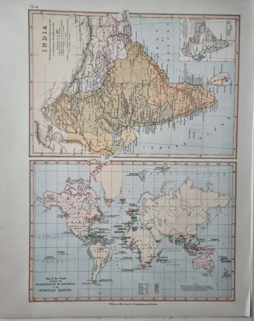 1878 Antique Map World Discoveries & Colonies European Nations - India 1760