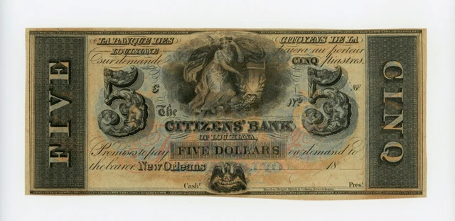1800's $5 The Citizens' Bank - New Orleans, LOUISIANA Note UNC