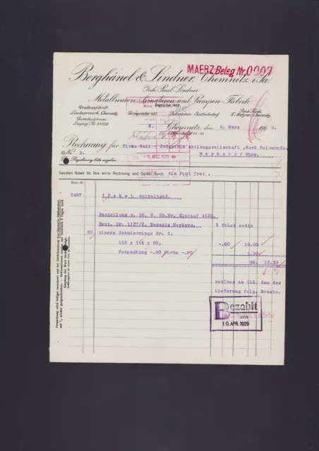 CHEMNITZ, Rechnung 1929, Berghänel & Lindner Metallwaren Armaturen