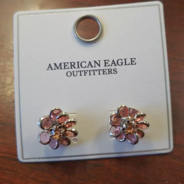 American Eagle Outfitters AEO Pink Stone Rhinestone Floral Stud Earrings NEW