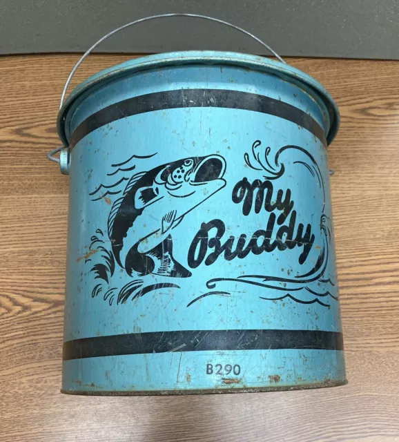 Vintage RARE Color Blue Green Teal w/ Black - My Buddy Metal Minnow Bucket