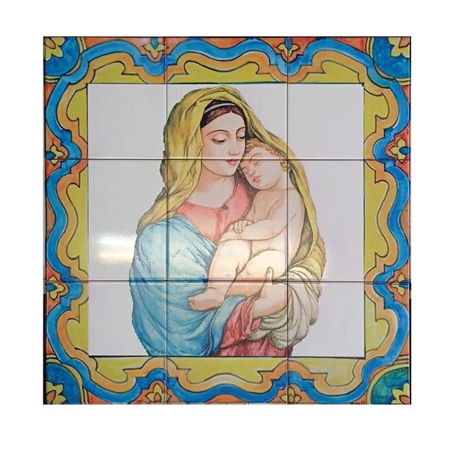 Mosaikbild aus 9 Keramikfliesen von cm. 20x20 mit Madonna-Druck mit