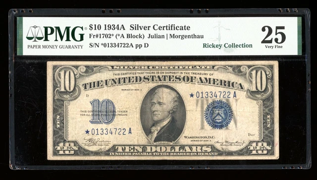 DBR 1934-A $10 Silver STAR Fr. 1702* PMG 25 Serial *01334722A