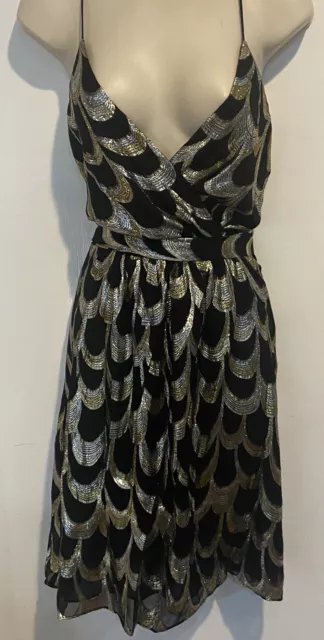 Milly Hollywood Black Gold Silver Anais  Disco Cocktail Dress W Belt Size 8