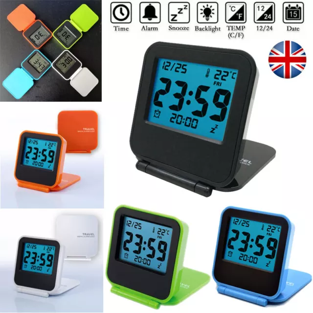 LCD Digital Alarm Clock Backlit Folding Travel Clock Date Temperature Display UK