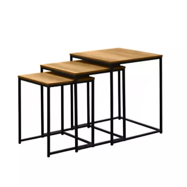 Nest of 3 Tables – Mid Oak Style and Matt Black Metal Frame