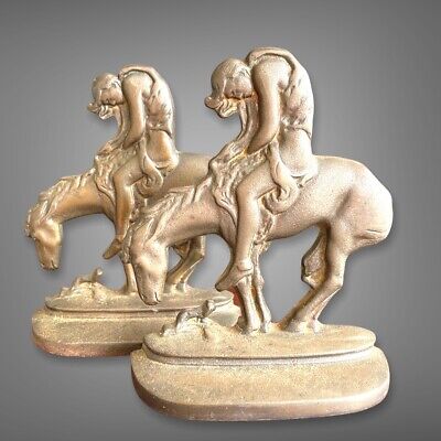 Pair of Vintage Cast Iron End Of The Trail  Bookends - Sleeping Rider On Horse