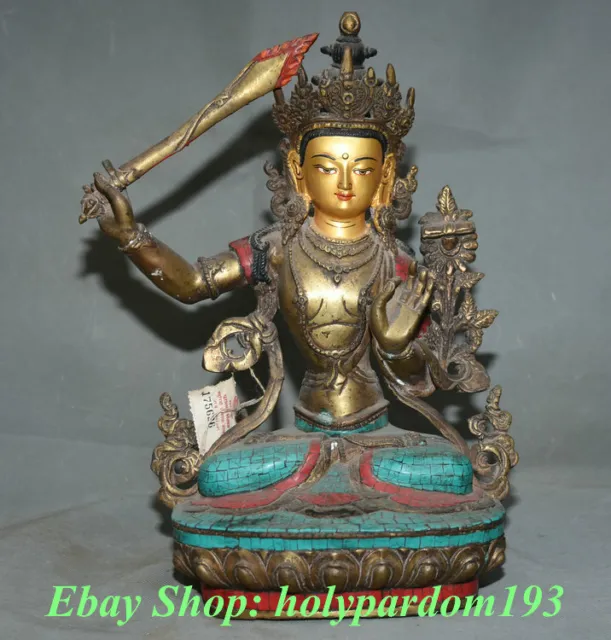 13" Old Tibetan Buddhism Bronze turquoise Wenshu Manjushri Buddha Sculpture