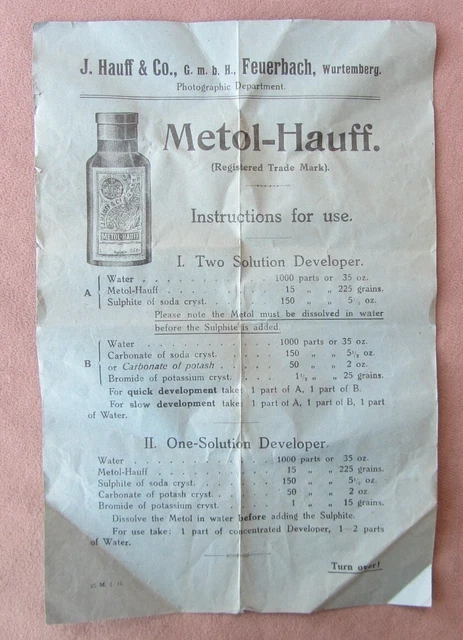 1911 J Hauff & Co Alemania Photo Developer Solutions Instrucciones Metol-Hauff