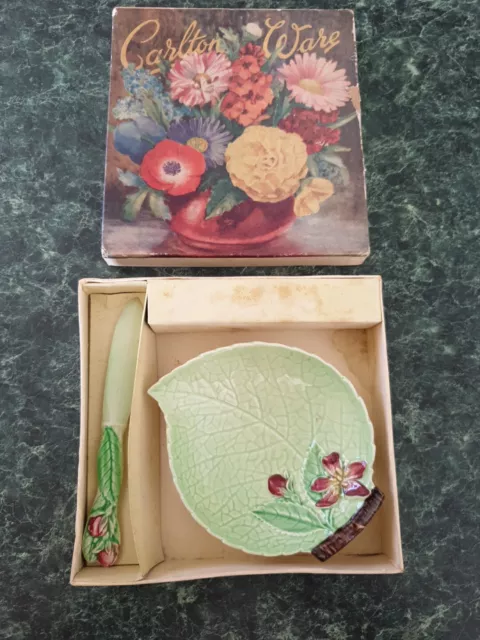 Carlton Ware Handpainted Green Apple Blossom Jam Dish, Box & Spoon