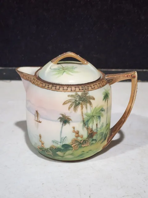 Antique Nippon Japan Handpainted Moriage Palm Trees On River Creamer