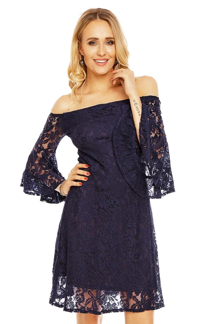 HS-392 Mini Abito Scollato Svasato in Pizzo BLU Maniche Larghe a 3/4 Tg. XL